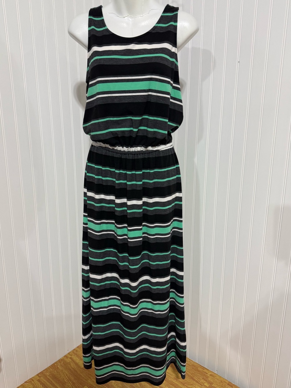 Merona Black, White and Mint Green Striped Sleeveless Maxi Dress